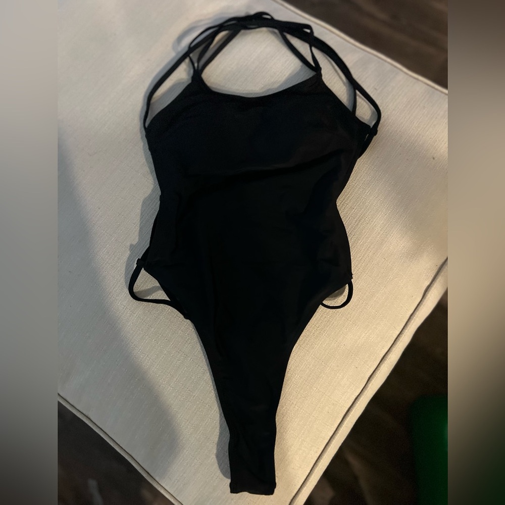 Black Strappy One-Piece Thong Swimsuit